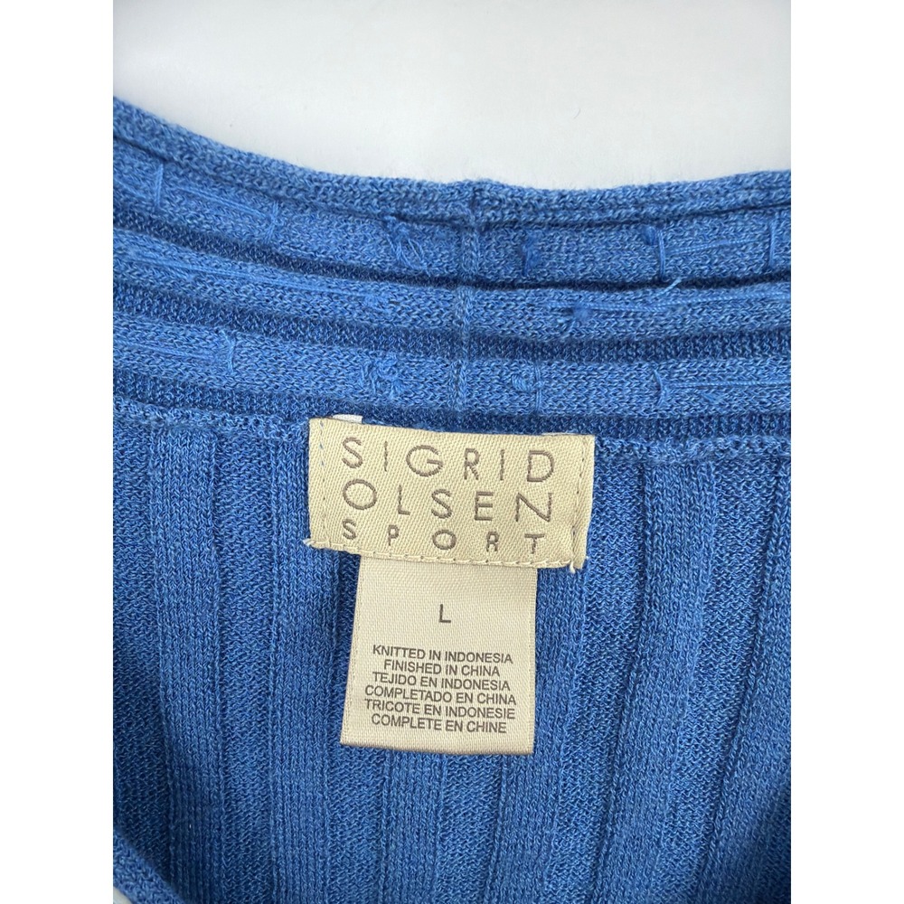 Vtg Sigrid‎ Olsen Sport Blue Ribbed V-Neck Beaded Sweater Lg Cotton Rayon Blend - Picture 7 of 7